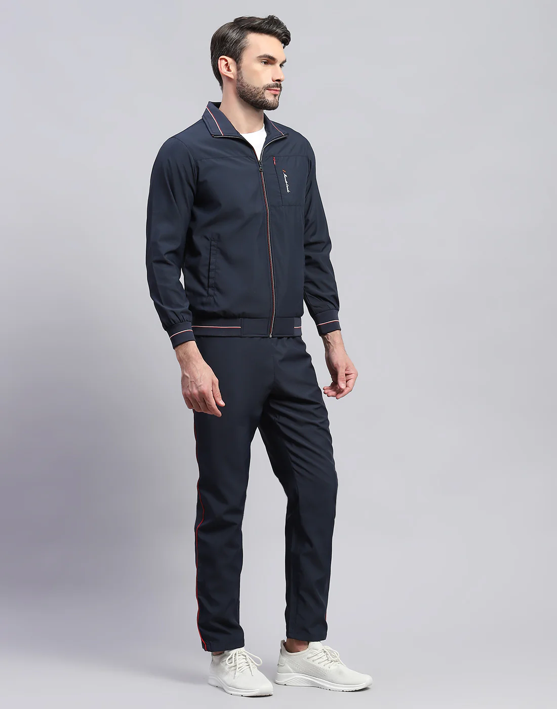 Men Navy Blue Solid Band Collar Full Sleeve Winter Tracksuit - Image 4