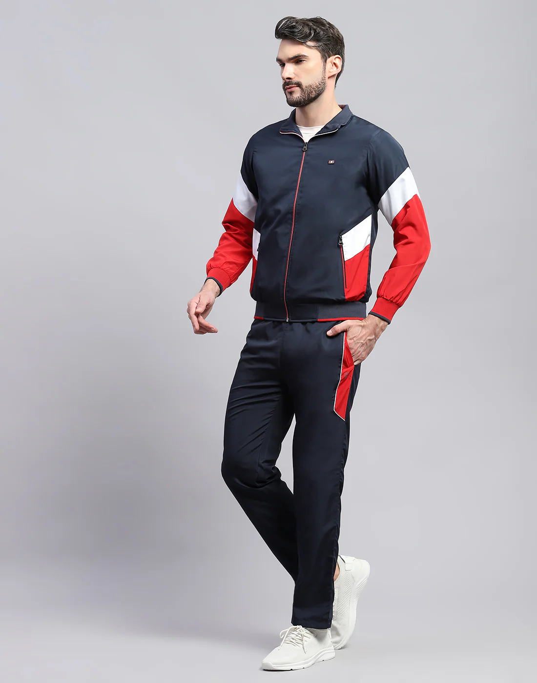Men Navy Blue Solid Band Collar Full Sleeve Winter Tracksuit - Image 3