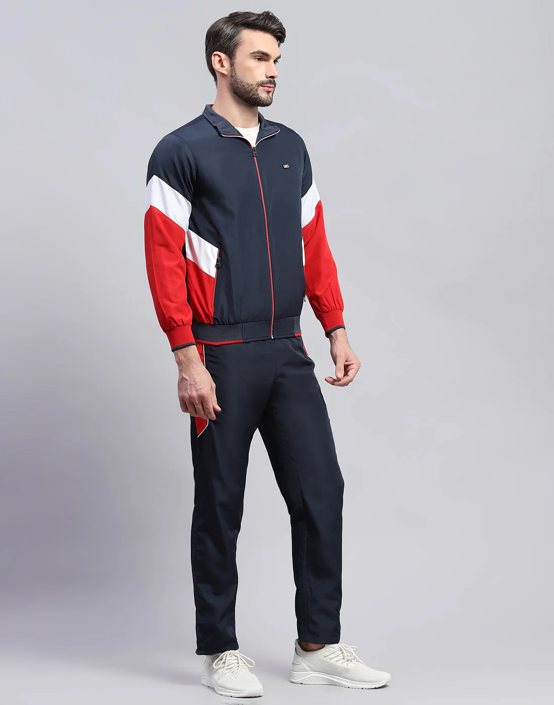 Men Navy Blue Solid Band Collar Full Sleeve Winter Tracksuit - Image 4