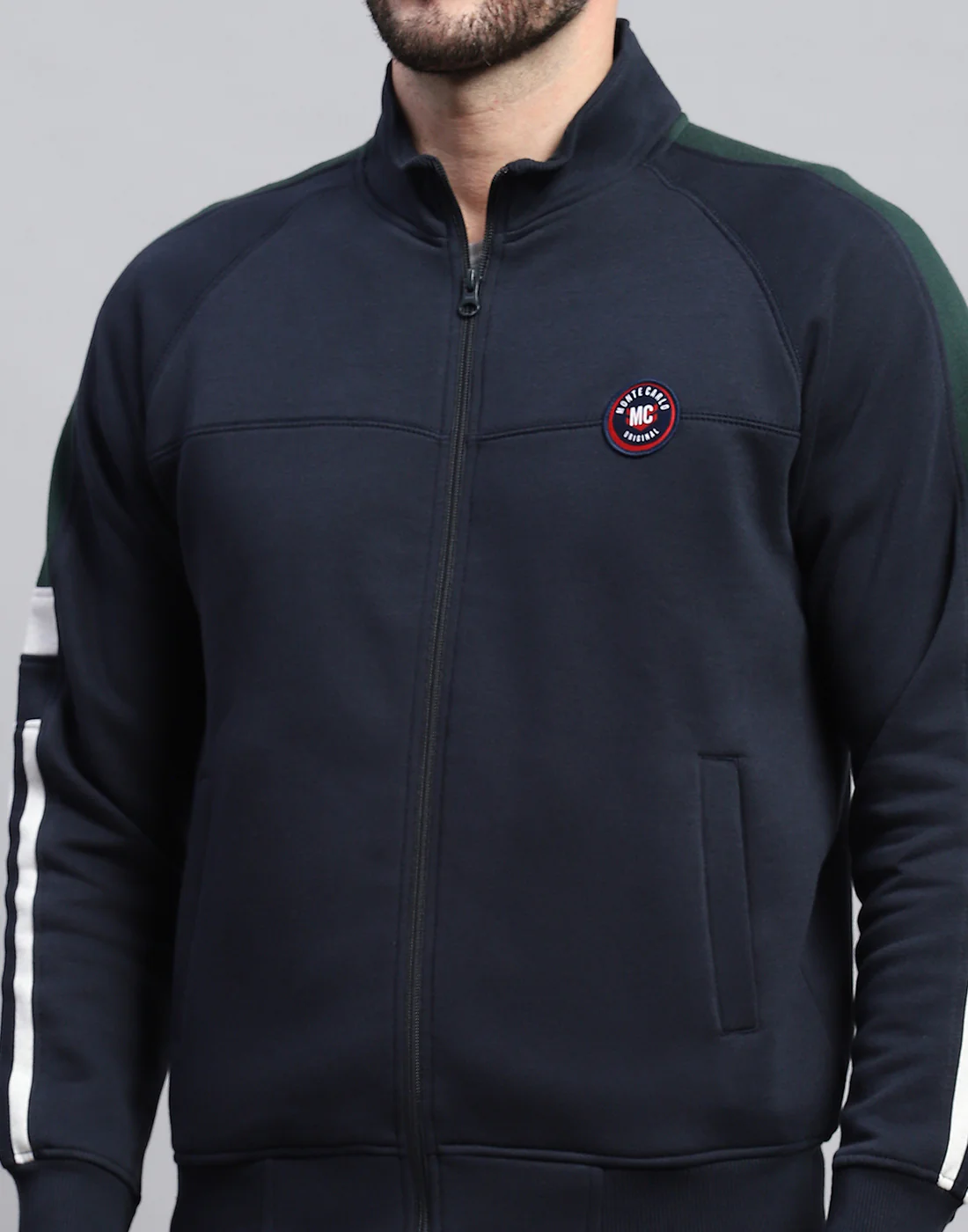 Men Navy Blue Solid Band Collar Full Sleeve Winter Tracksuit - Image 7