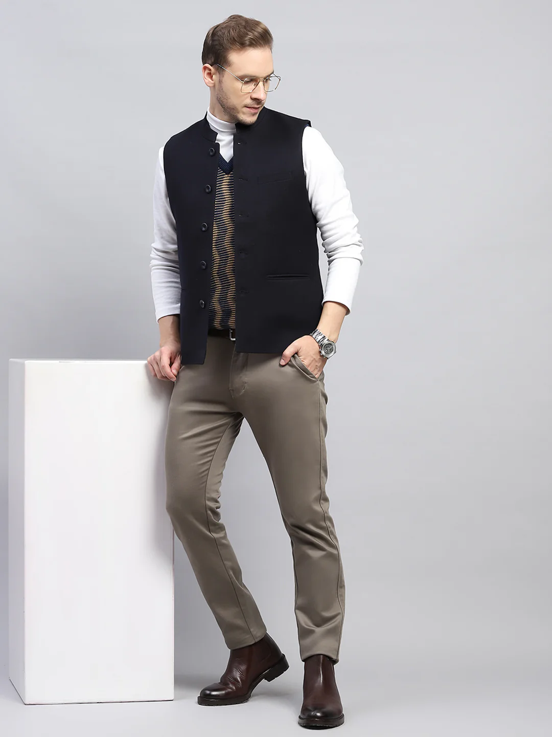Men Navy Blue Solid Band Collar Sleeveless Coat - Image 2