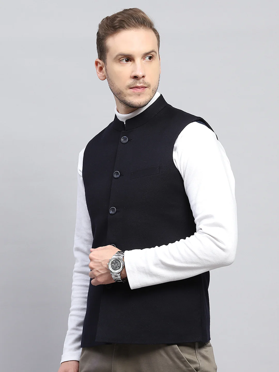 Men Navy Blue Solid Band Collar Sleeveless Coat - Image 3