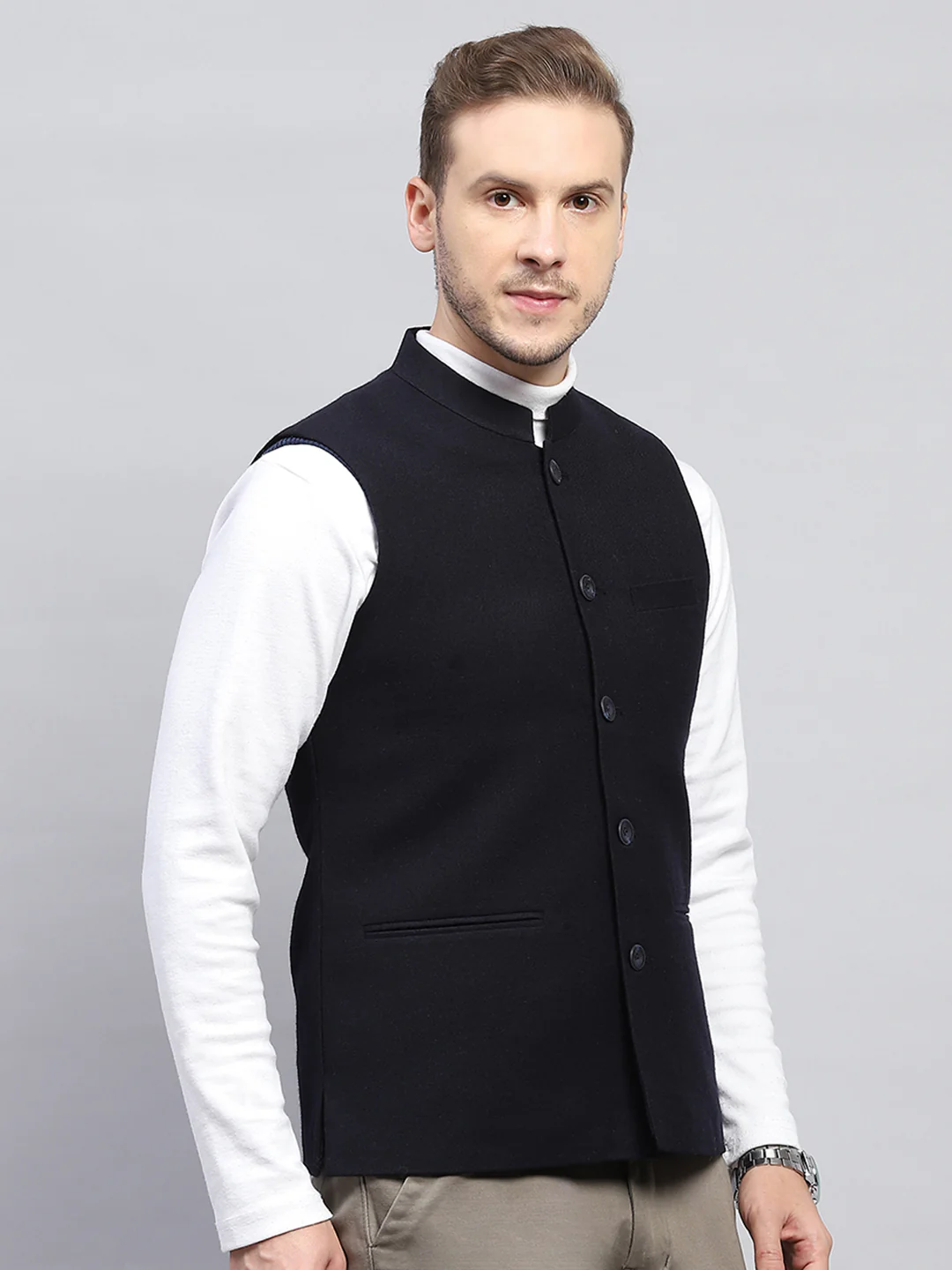 Men Navy Blue Solid Band Collar Sleeveless Coat - Image 4