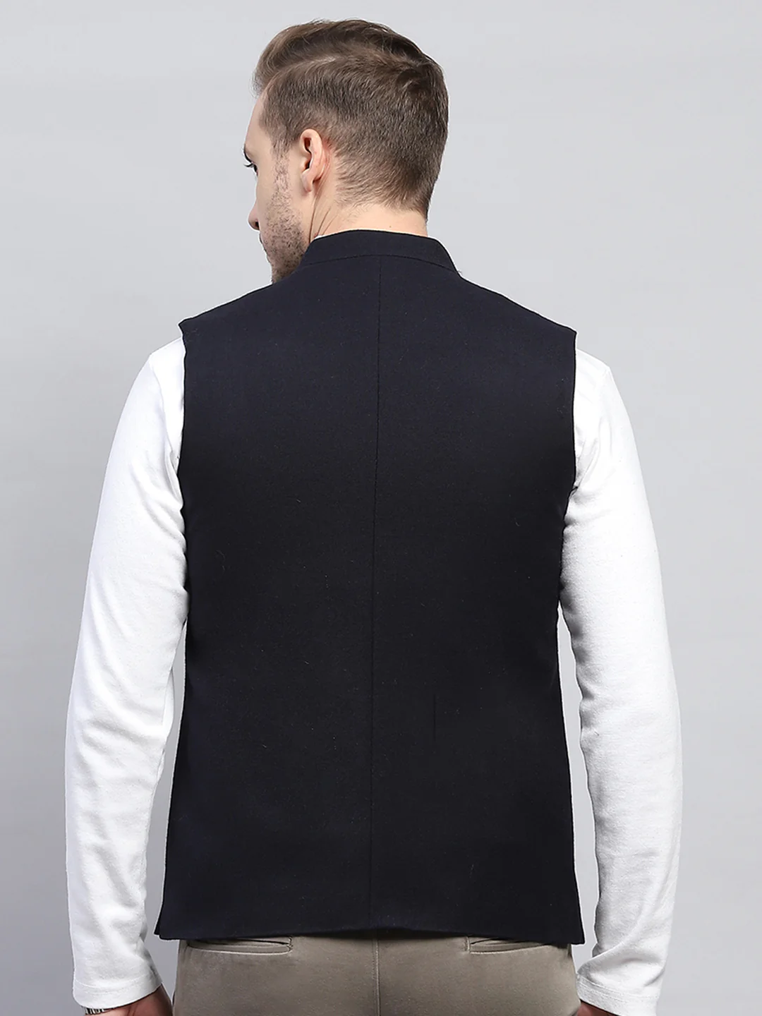 Men Navy Blue Solid Band Collar Sleeveless Coat - Image 5