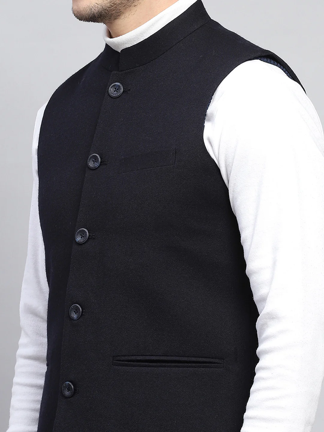 Men Navy Blue Solid Band Collar Sleeveless Coat - Image 6