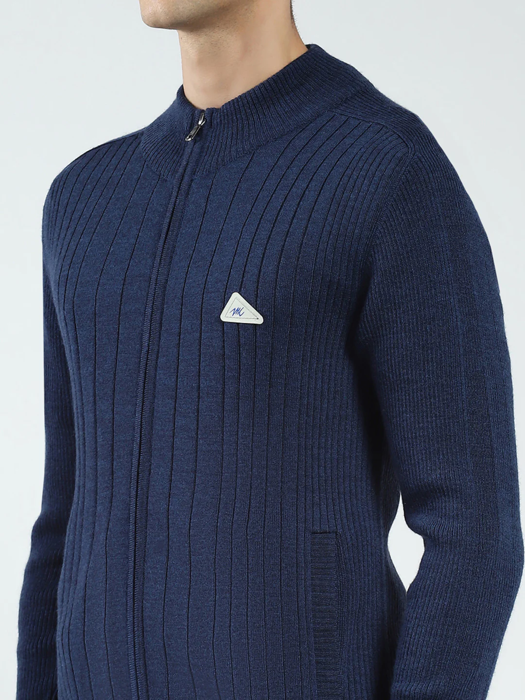 Men Navy Blue Solid Band Neck Full Sleeve Pullover - Image 6