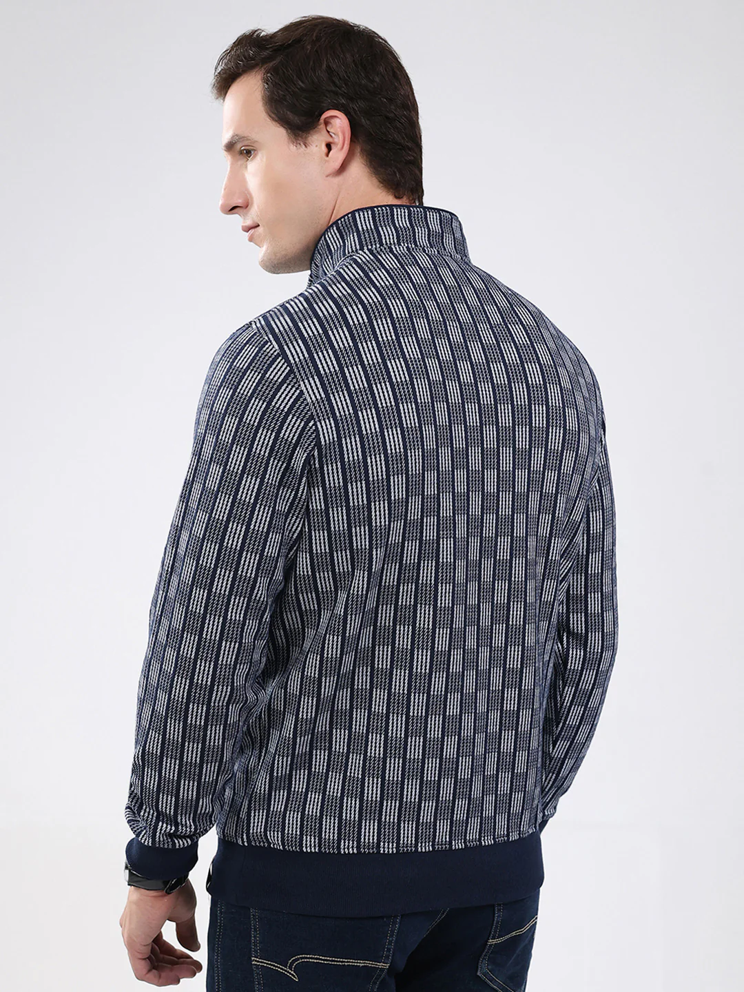 Men Navy Blue Solid Band Neck Full Sleeve Sweatshirt - Image 5