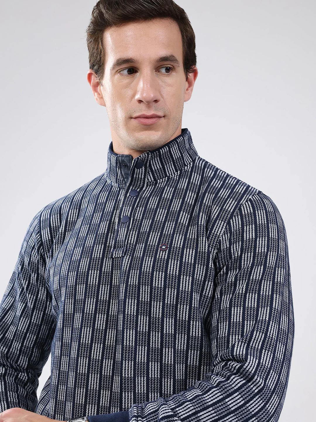 Men Navy Blue Solid Band Neck Full Sleeve Sweatshirt - Image 7