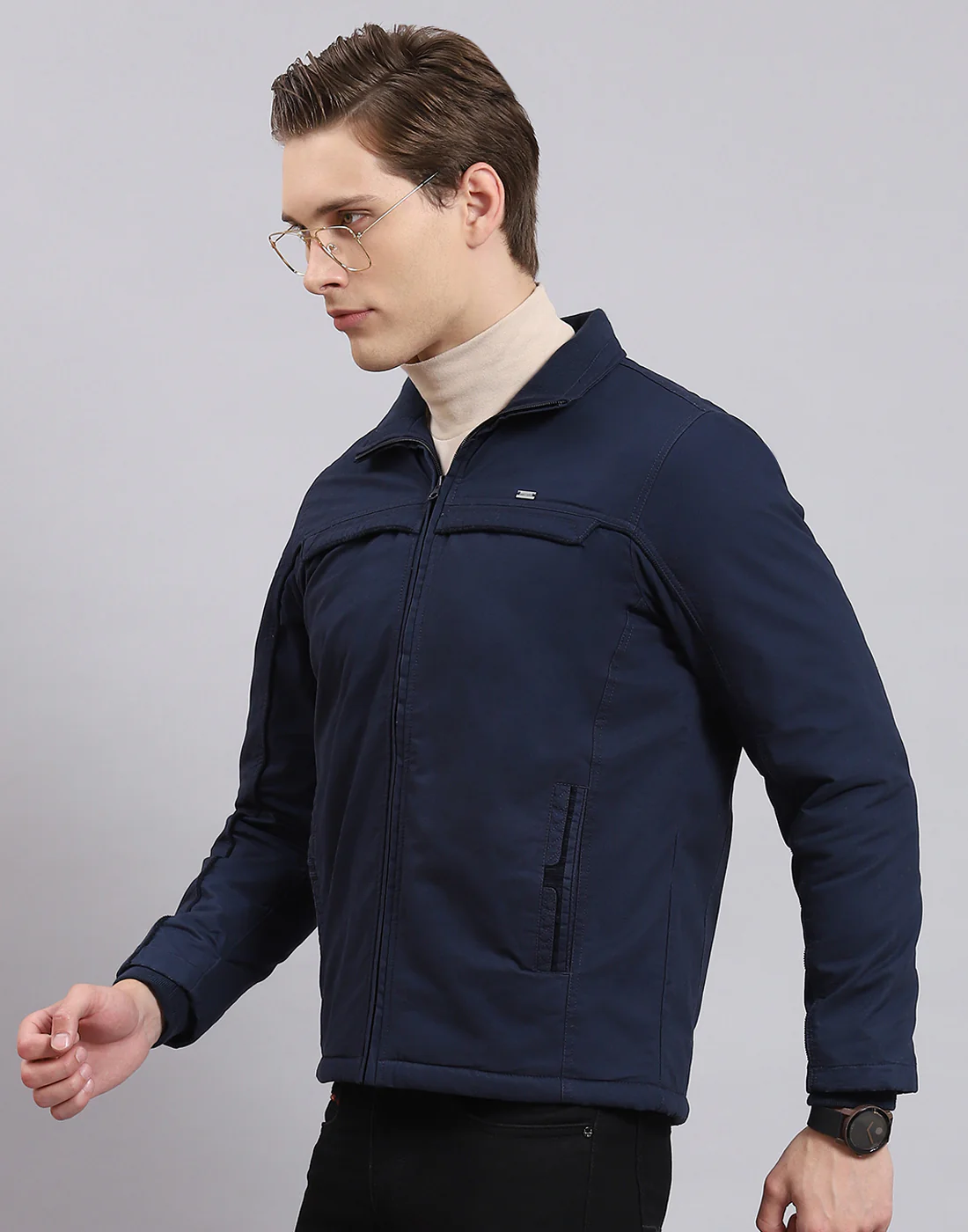 Men Navy Blue Solid Collar Full Sleeve Jacket - Image 3