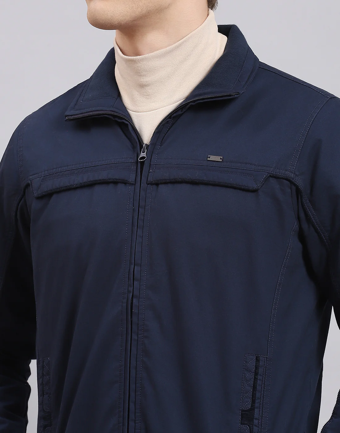 Men Navy Blue Solid Collar Full Sleeve Jacket - Image 7