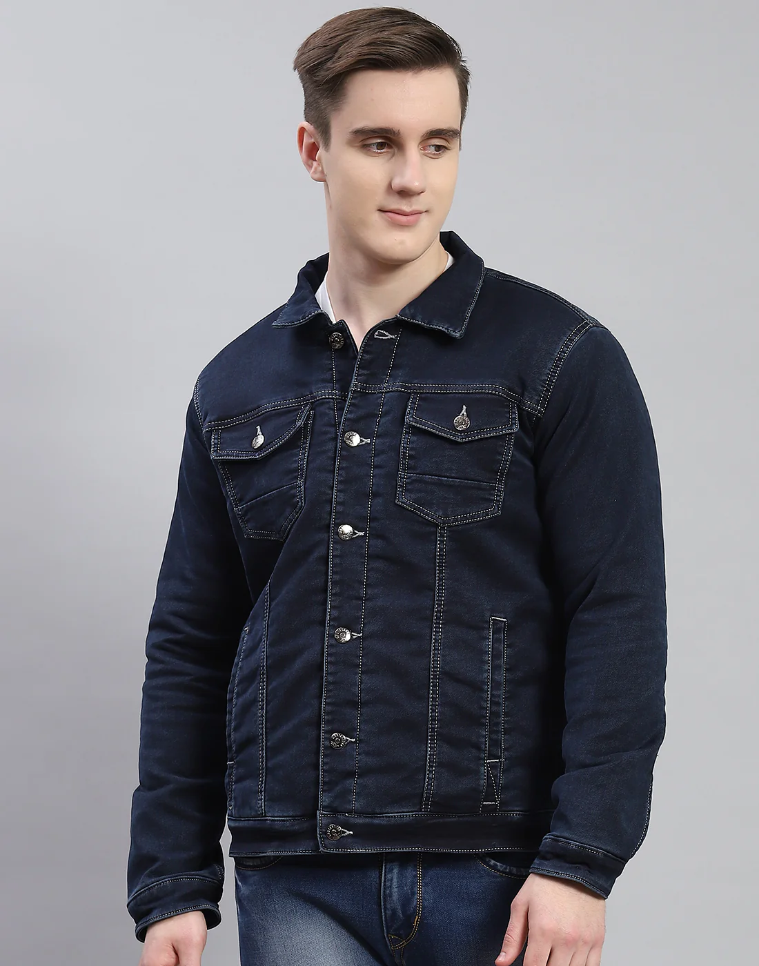 Men Navy Blue Solid Collar Full Sleeve Jacket - Image 3