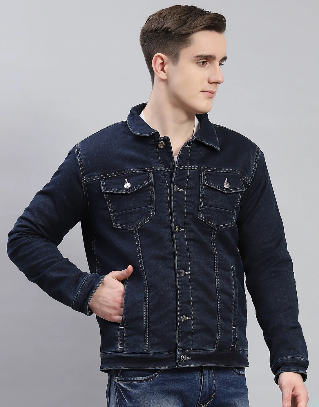 Men Navy Blue Solid Collar Full Sleeve Jacket - Image 5