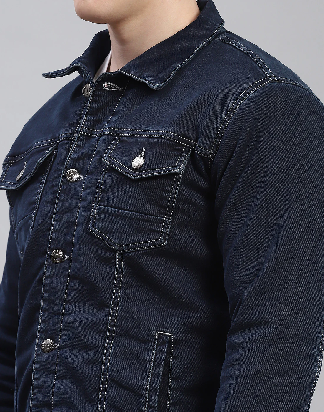 Men Navy Blue Solid Collar Full Sleeve Jacket - Image 7
