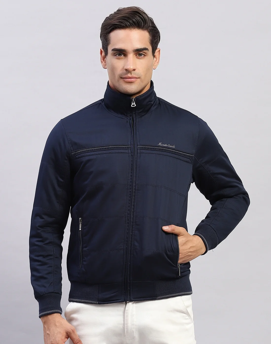 Men Navy Blue Solid Collar Full Sleeve Jacket - Image 2