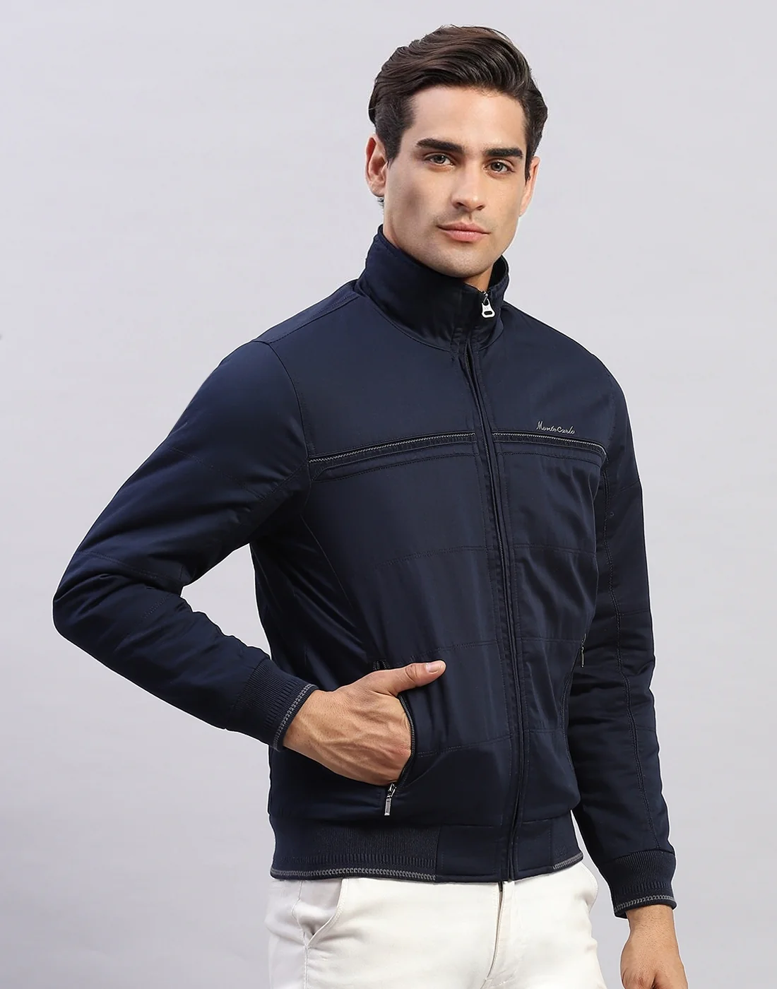 Men Navy Blue Solid Collar Full Sleeve Jacket - Image 4