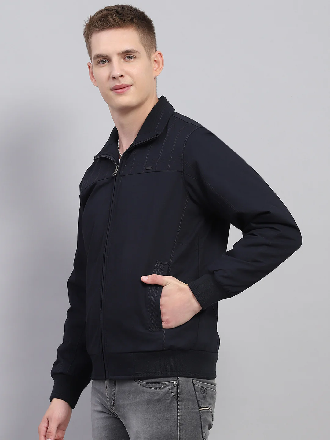 Men Navy Blue Solid Collar Full Sleeve Jacket - Image 3