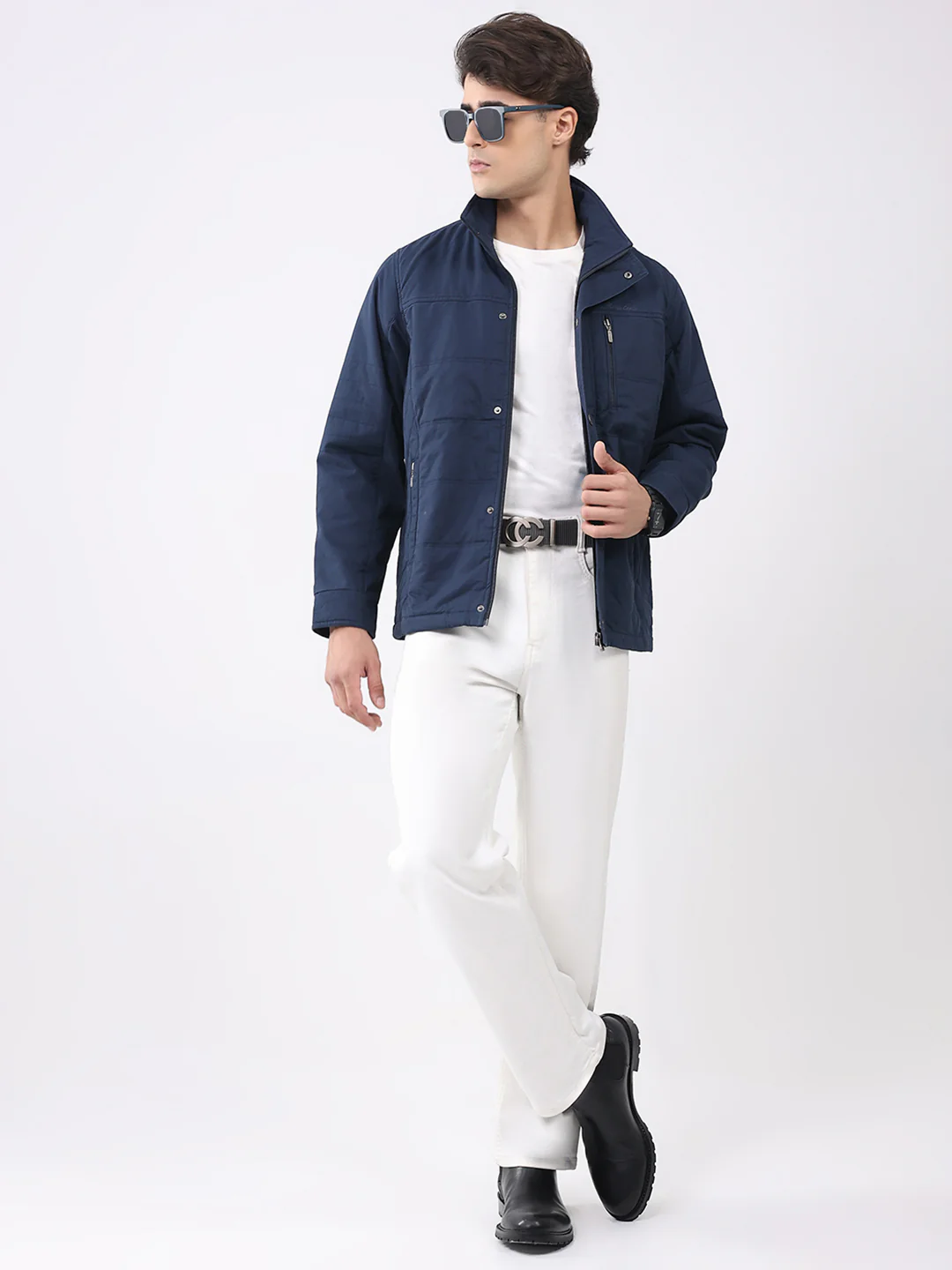 Men Navy Blue Solid Collar Full Sleeve Jacket - Image 2