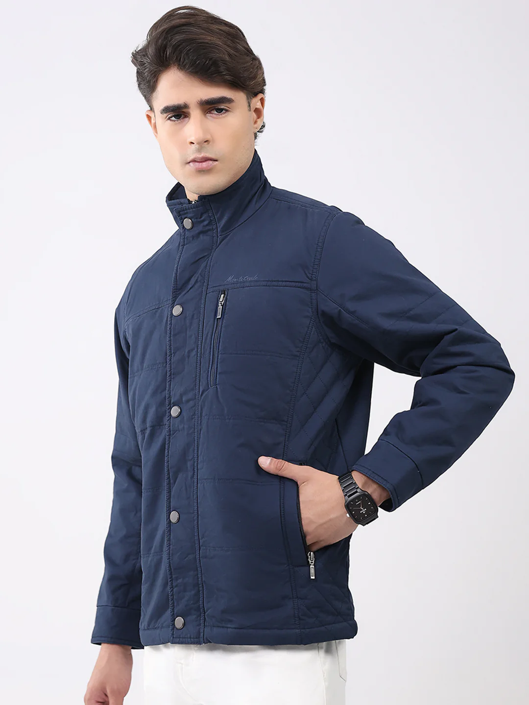 Men Navy Blue Solid Collar Full Sleeve Jacket - Image 3