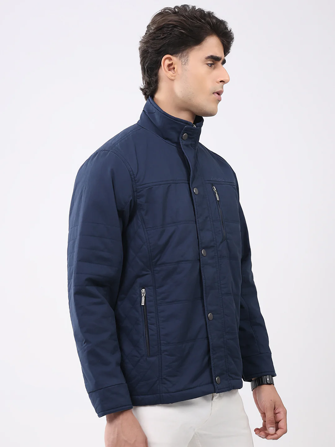Men Navy Blue Solid Collar Full Sleeve Jacket - Image 4