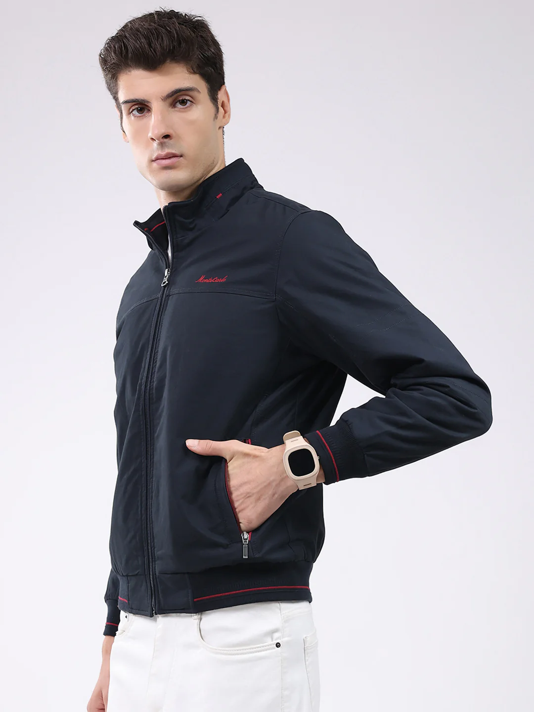 Men Navy Blue Solid Collar Full Sleeve Jacket - Image 3