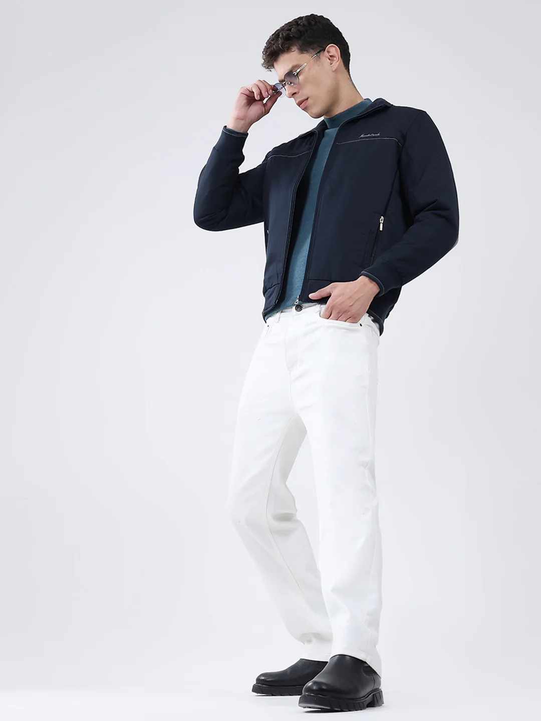 Men Navy Blue Solid Collar Full Sleeve Jacket - Image 2