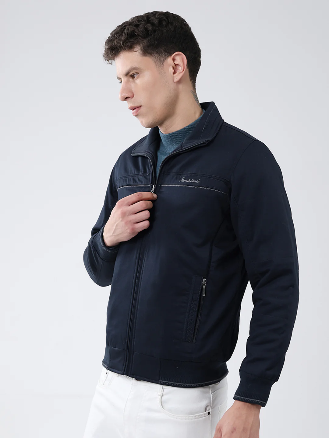 Men Navy Blue Solid Collar Full Sleeve Jacket - Image 3