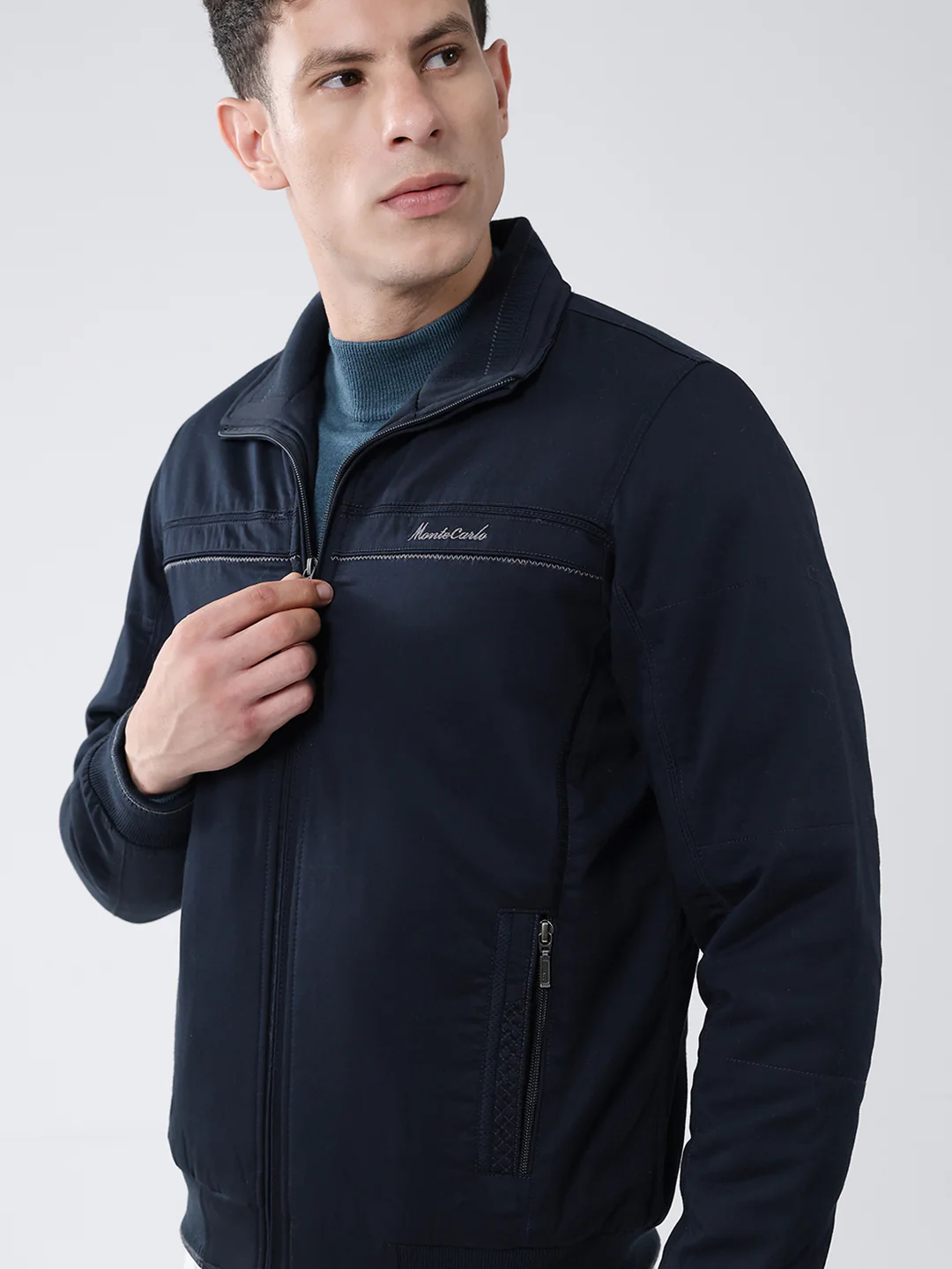 Men Navy Blue Solid Collar Full Sleeve Jacket - Image 7