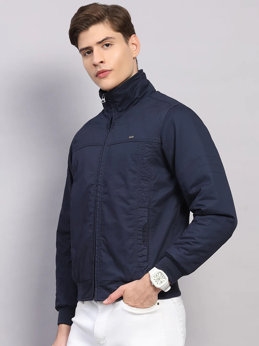 Men Navy Blue Solid Collar Full Sleeve Jacket - Image 3