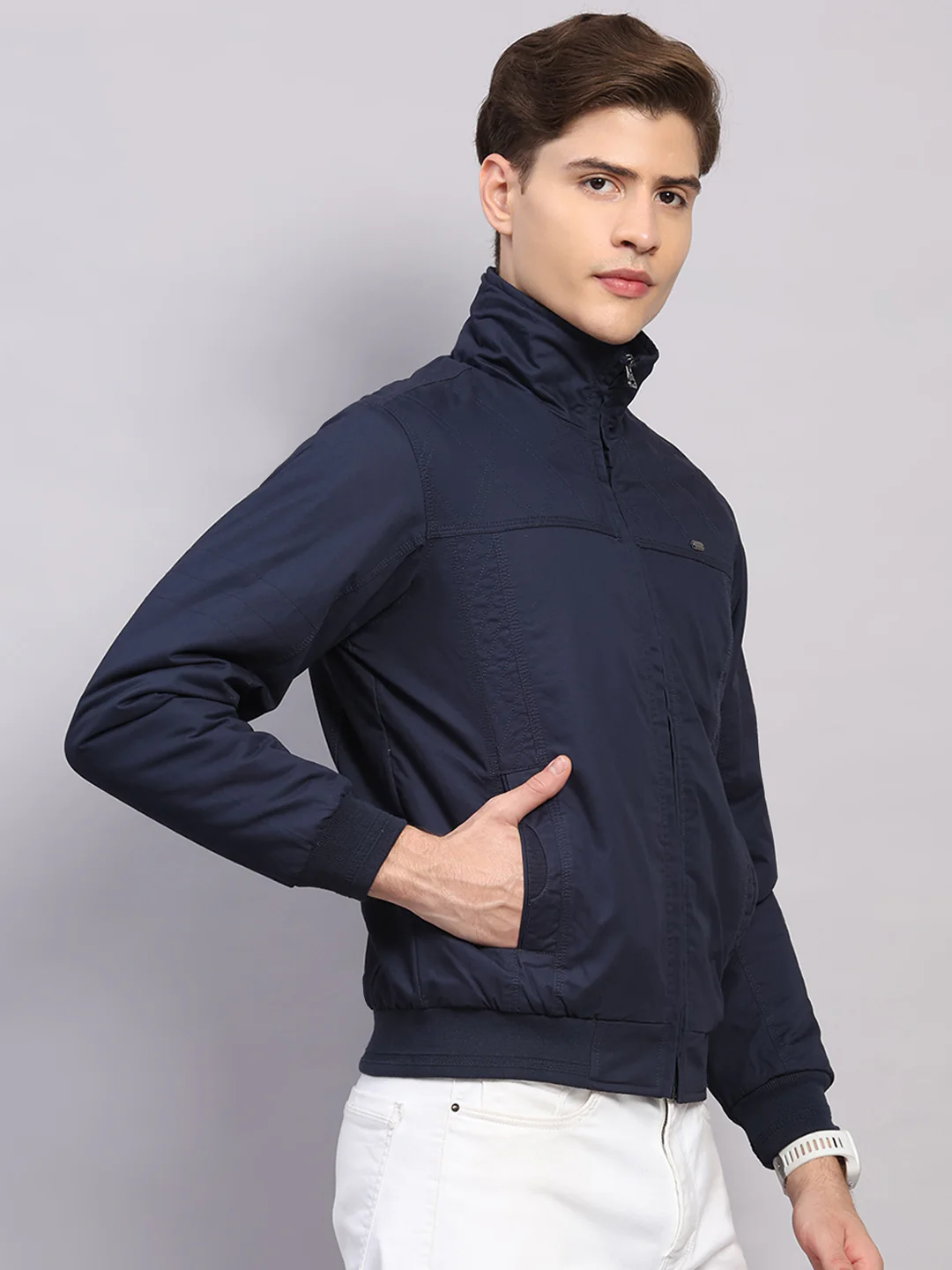 Men Navy Blue Solid Collar Full Sleeve Jacket - Image 4