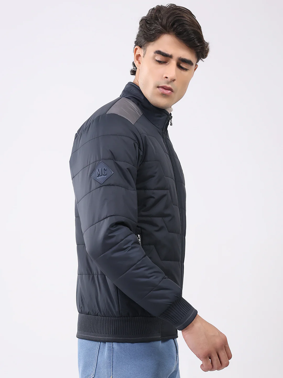 Men Navy Blue Solid Collar Full Sleeve Jacket - Image 4