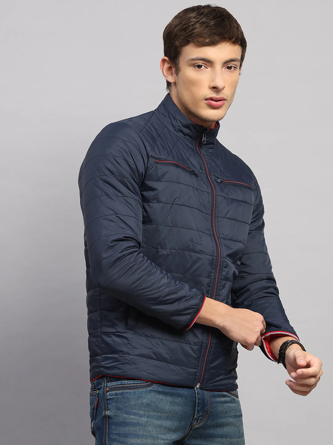 Men Navy Blue Solid Collar Full Sleeve Jacket - Image 4