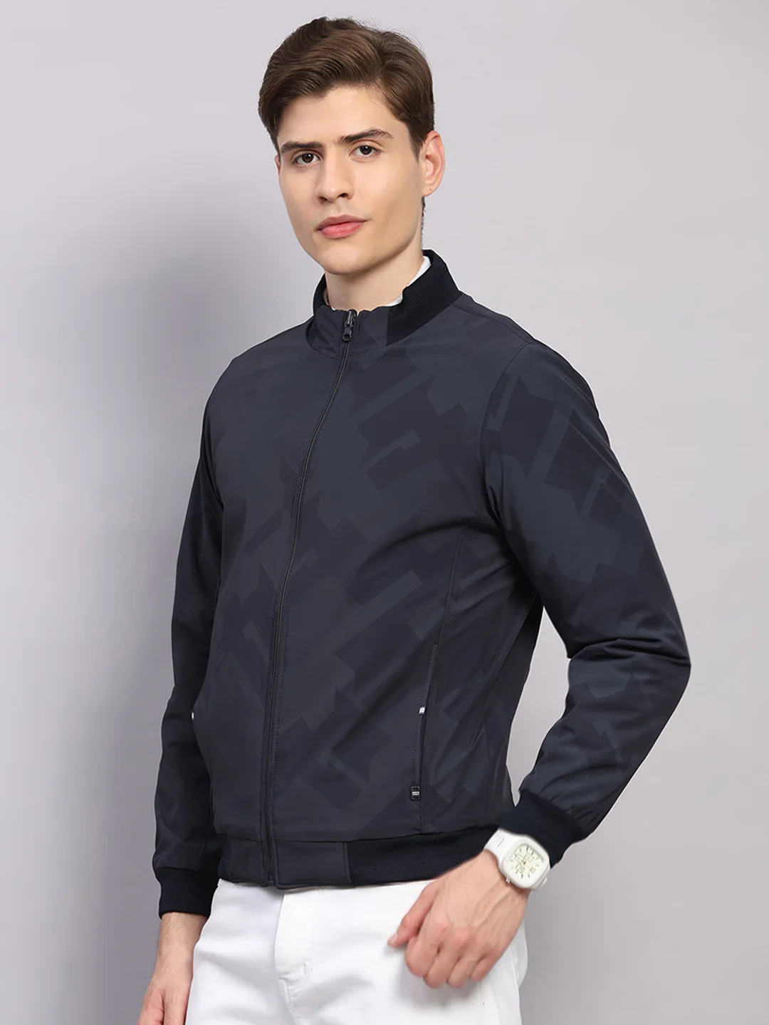 Men Navy Blue Solid Collar Full Sleeve Jacket - Image 3
