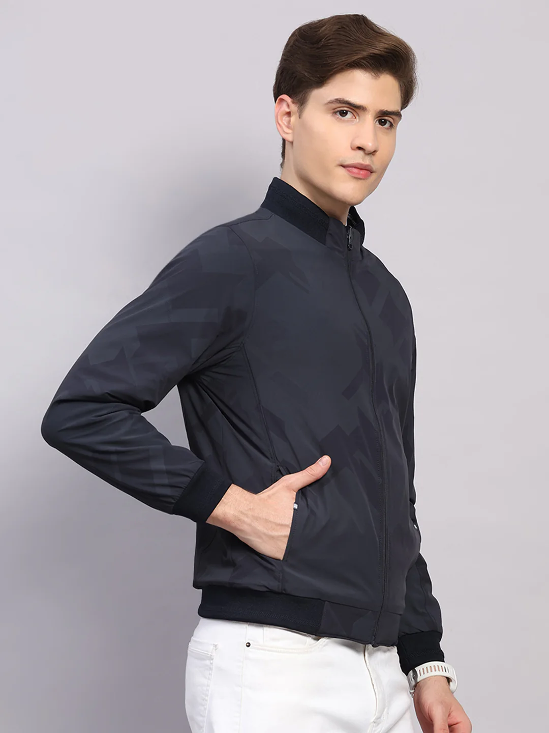 Men Navy Blue Solid Collar Full Sleeve Jacket - Image 4