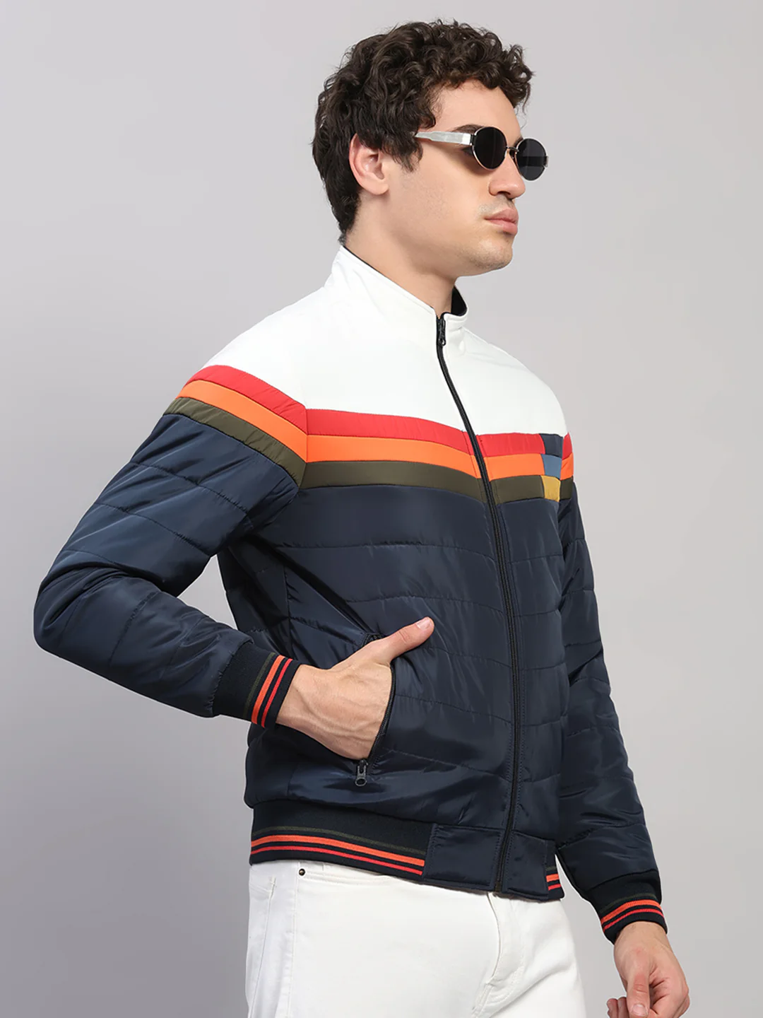Men Navy Blue Solid Collar Full Sleeve Jacket - Image 4