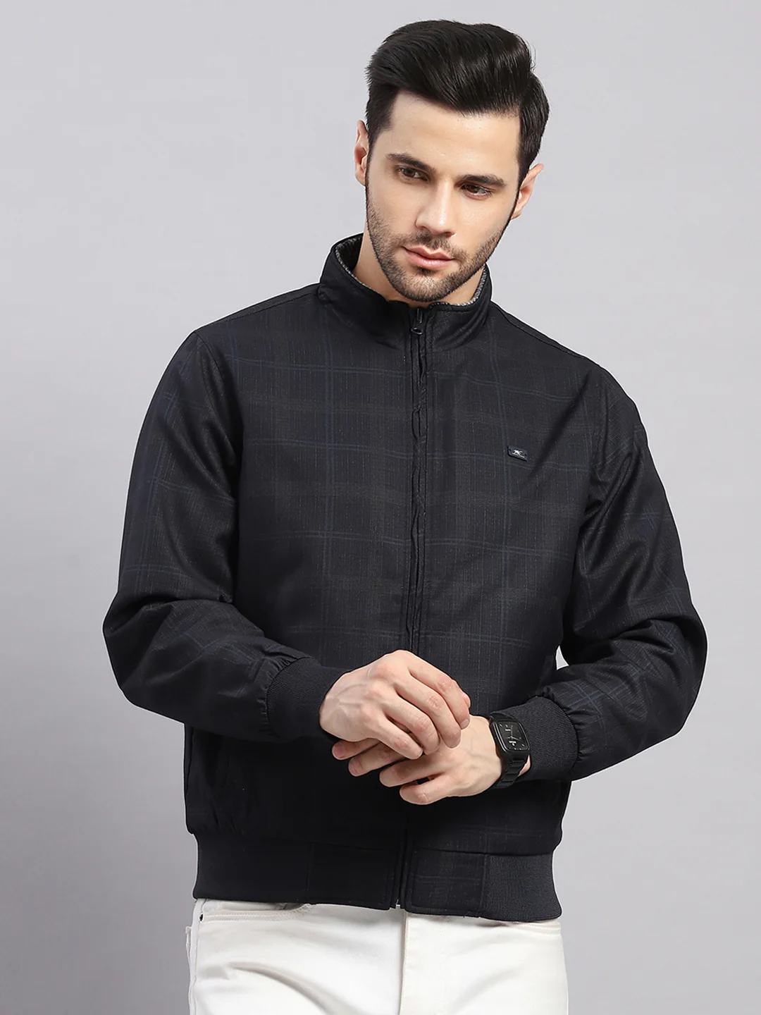 Men Navy Blue Solid Collar Full Sleeve Reversible Jacket