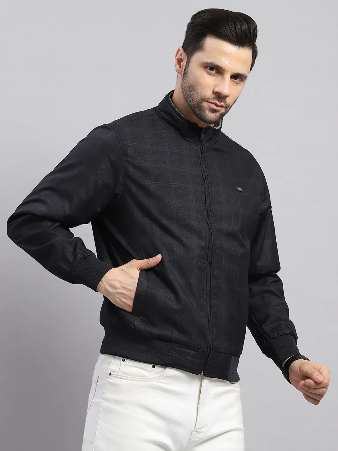 Men Navy Blue Solid Collar Full Sleeve Reversible Jacket - Image 4