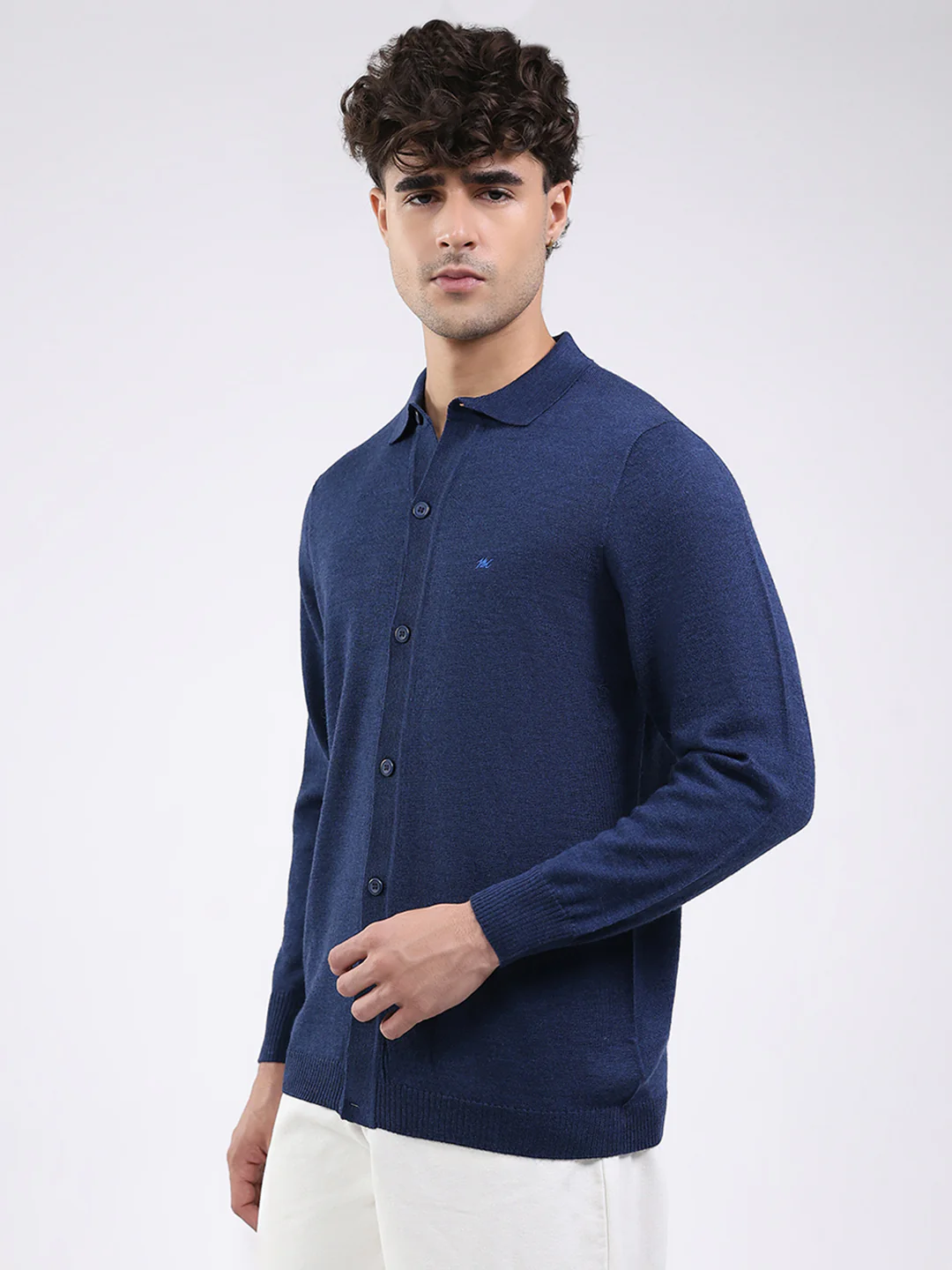 Men Navy Blue Solid Collar Full Sleeve Shirt - Image 3