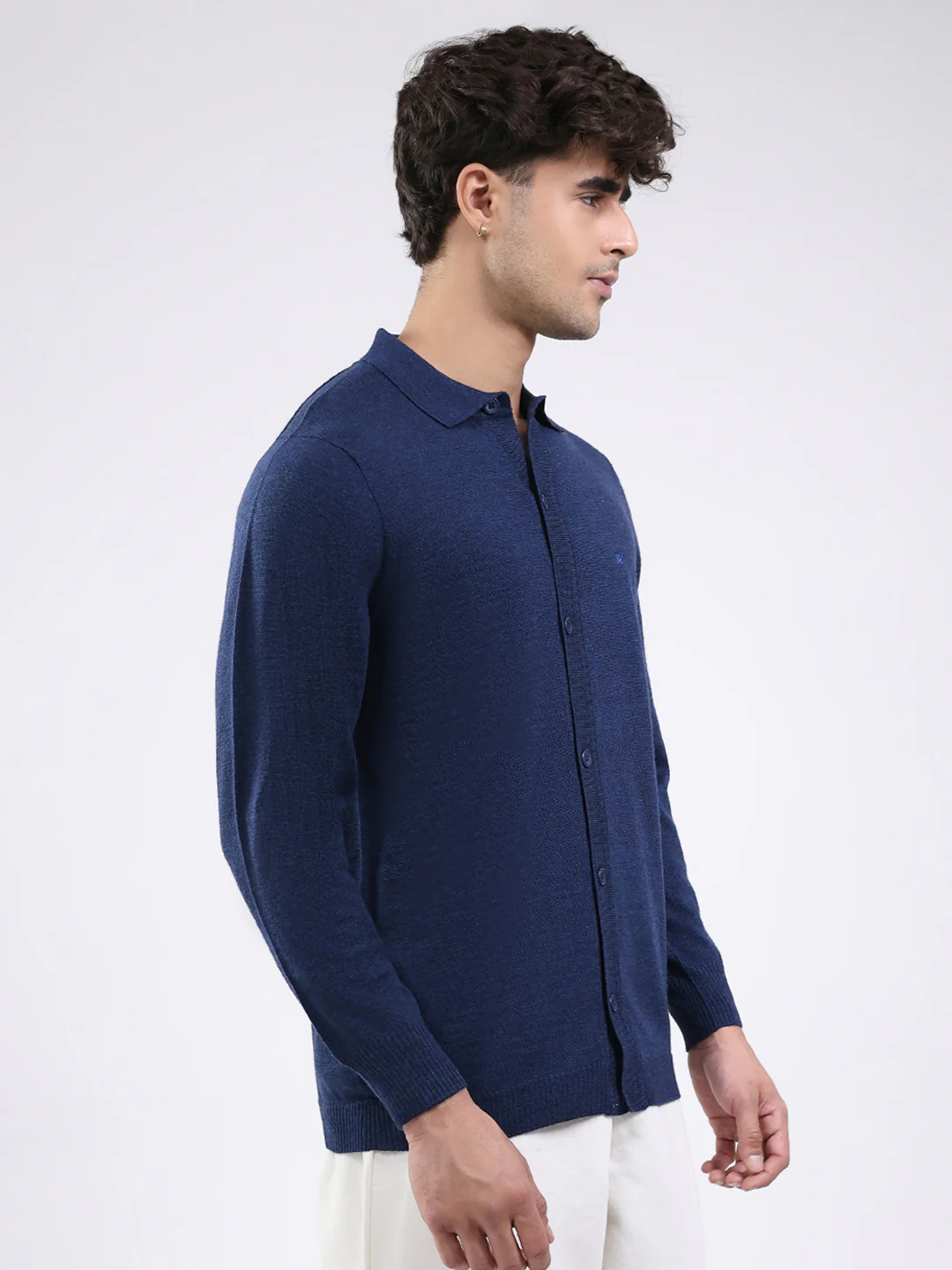 Men Navy Blue Solid Collar Full Sleeve Shirt - Image 4
