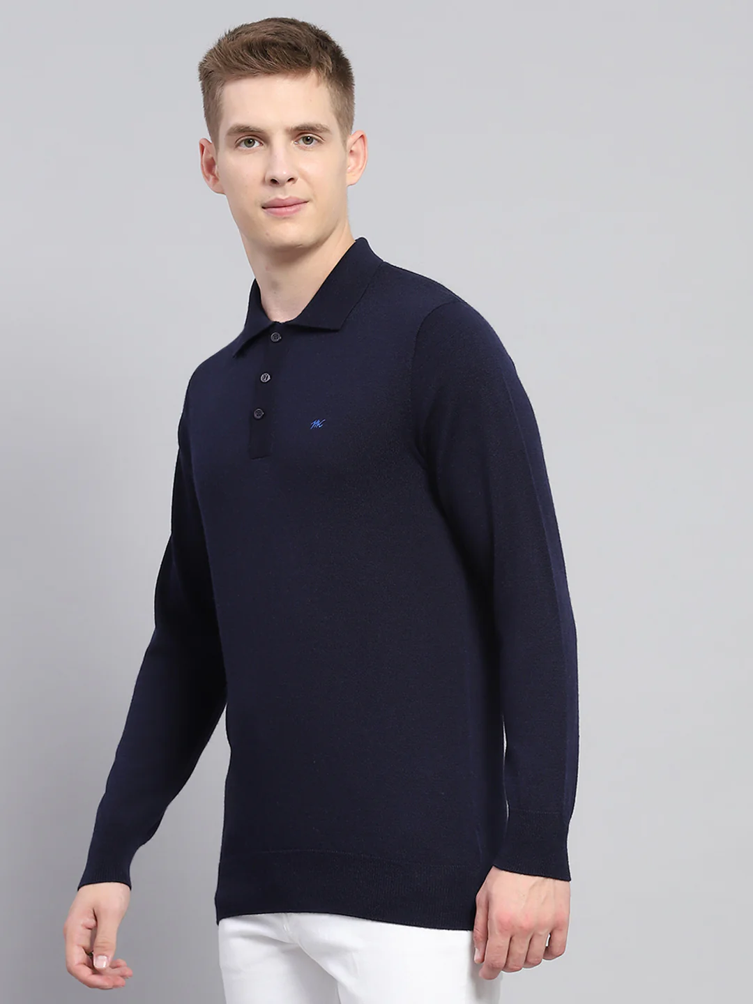 Men Navy Blue Solid Collar Full Sleeve Winter T-Shirt - Image 3