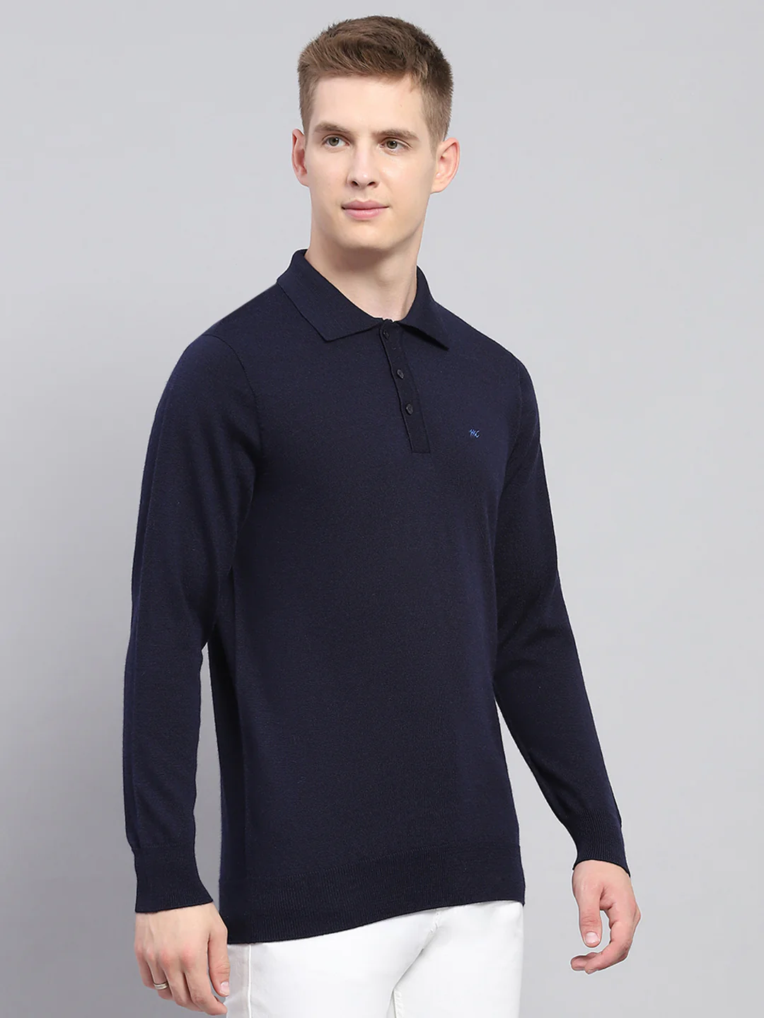 Men Navy Blue Solid Collar Full Sleeve Winter T-Shirt - Image 4