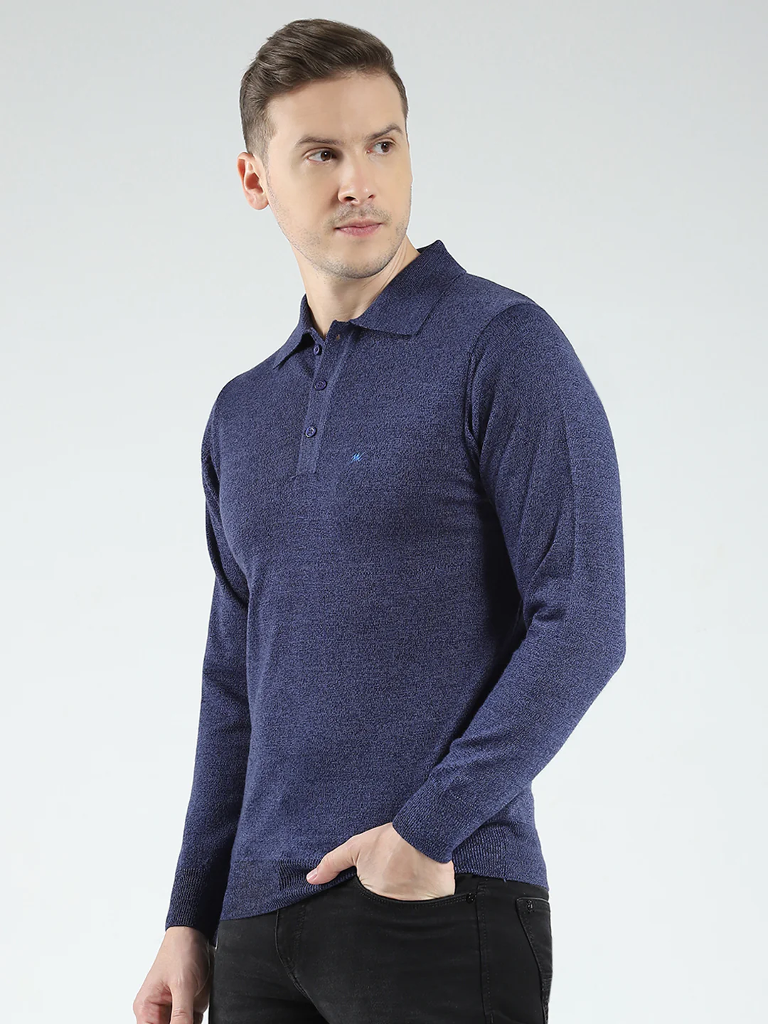 Men Navy Blue Solid Collar Full Sleeve Winter T-Shirt - Image 3