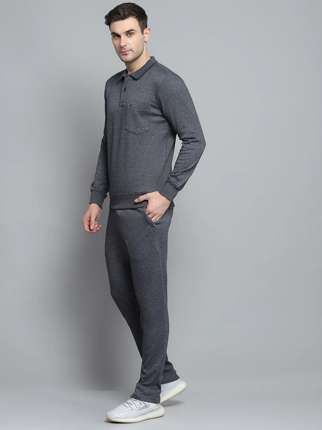 Men Navy Blue Solid Collar Full Sleeve Winter Tracksuit - Image 3