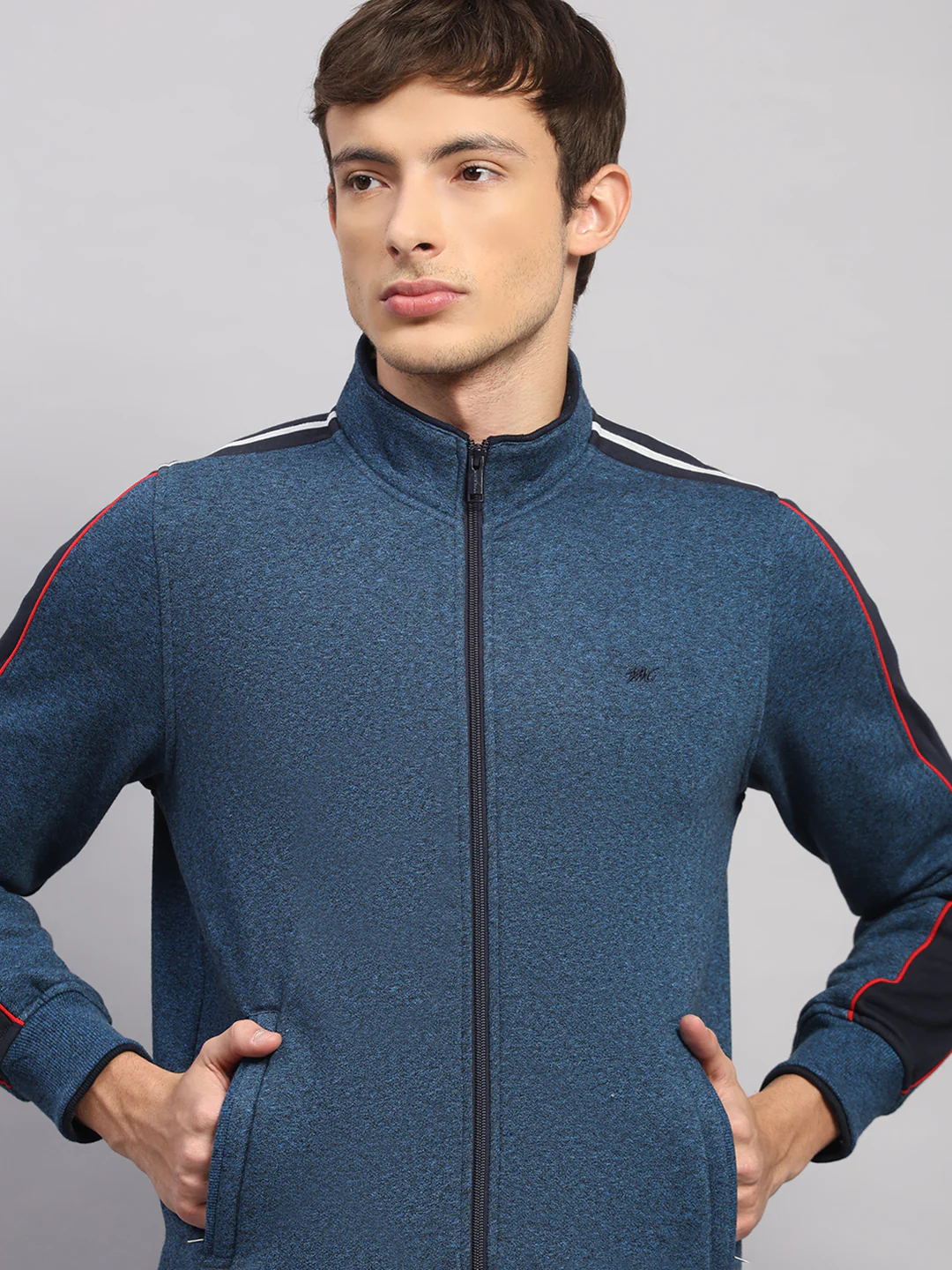Men Navy Blue Solid Collar Full Sleeve Winter Tracksuit - Image 6