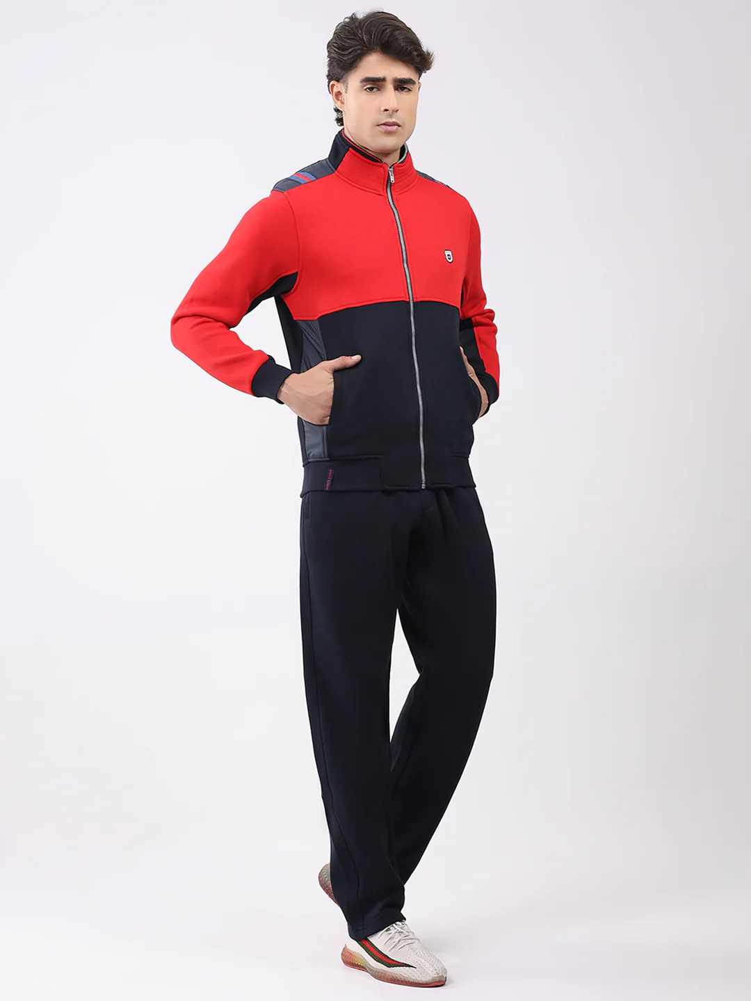 Men Navy Blue Solid Collar Full Sleeve Winter Tracksuit - Image 4