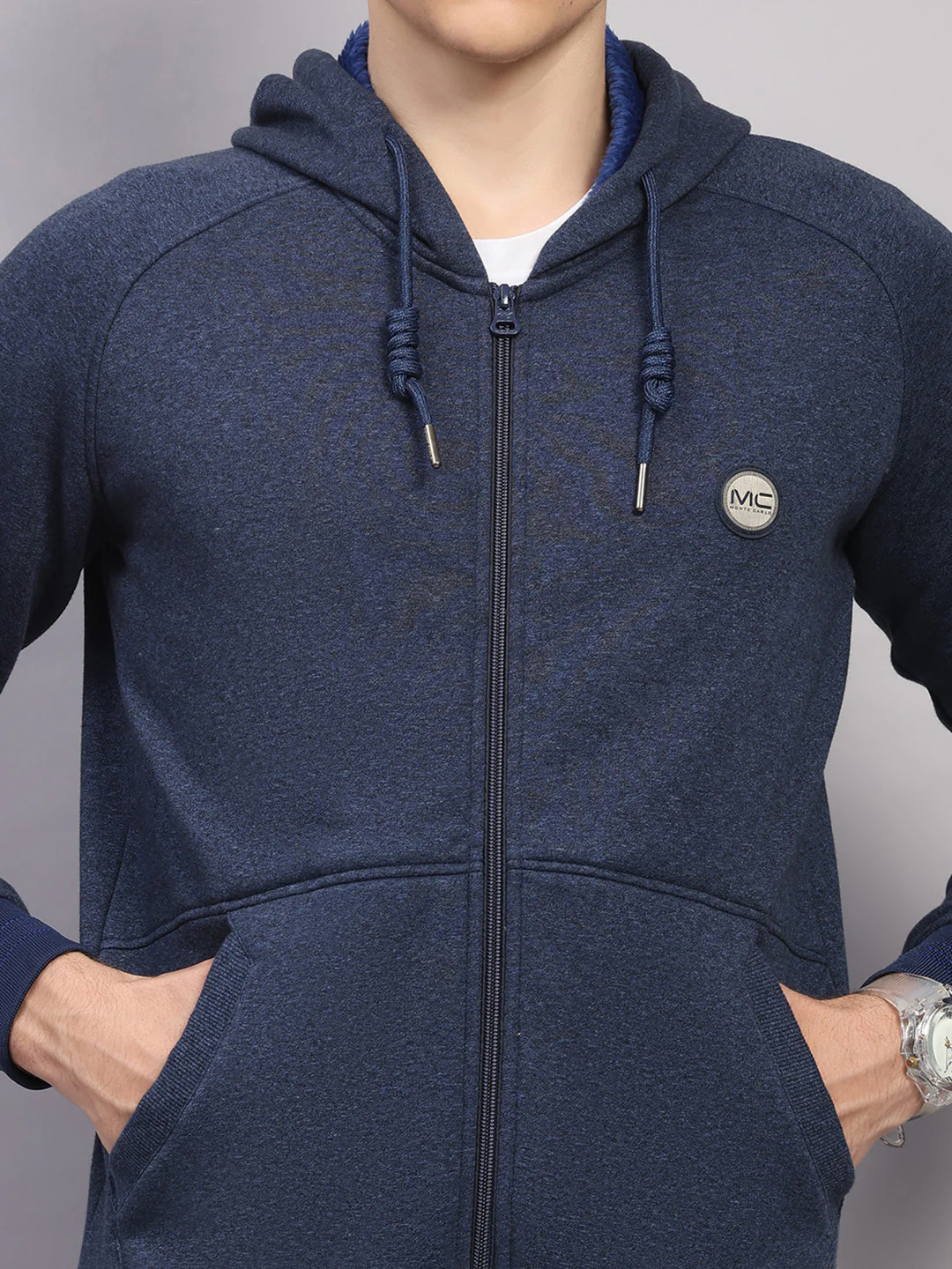 Men Navy Blue Solid Collar Full Sleeve Winter Tracksuit - Image 6