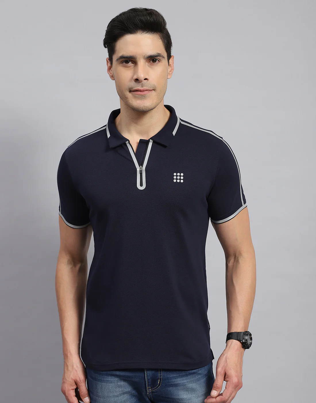 Rock.it Men Navy Blue Solid Collar Half Sleeve T-Shirt - Image 2