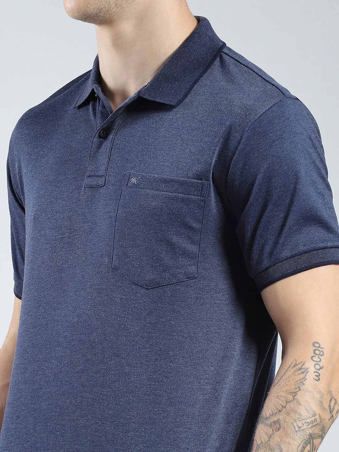 Men Navy Blue Solid Collar Half Sleeve T-Shirt - Image 6