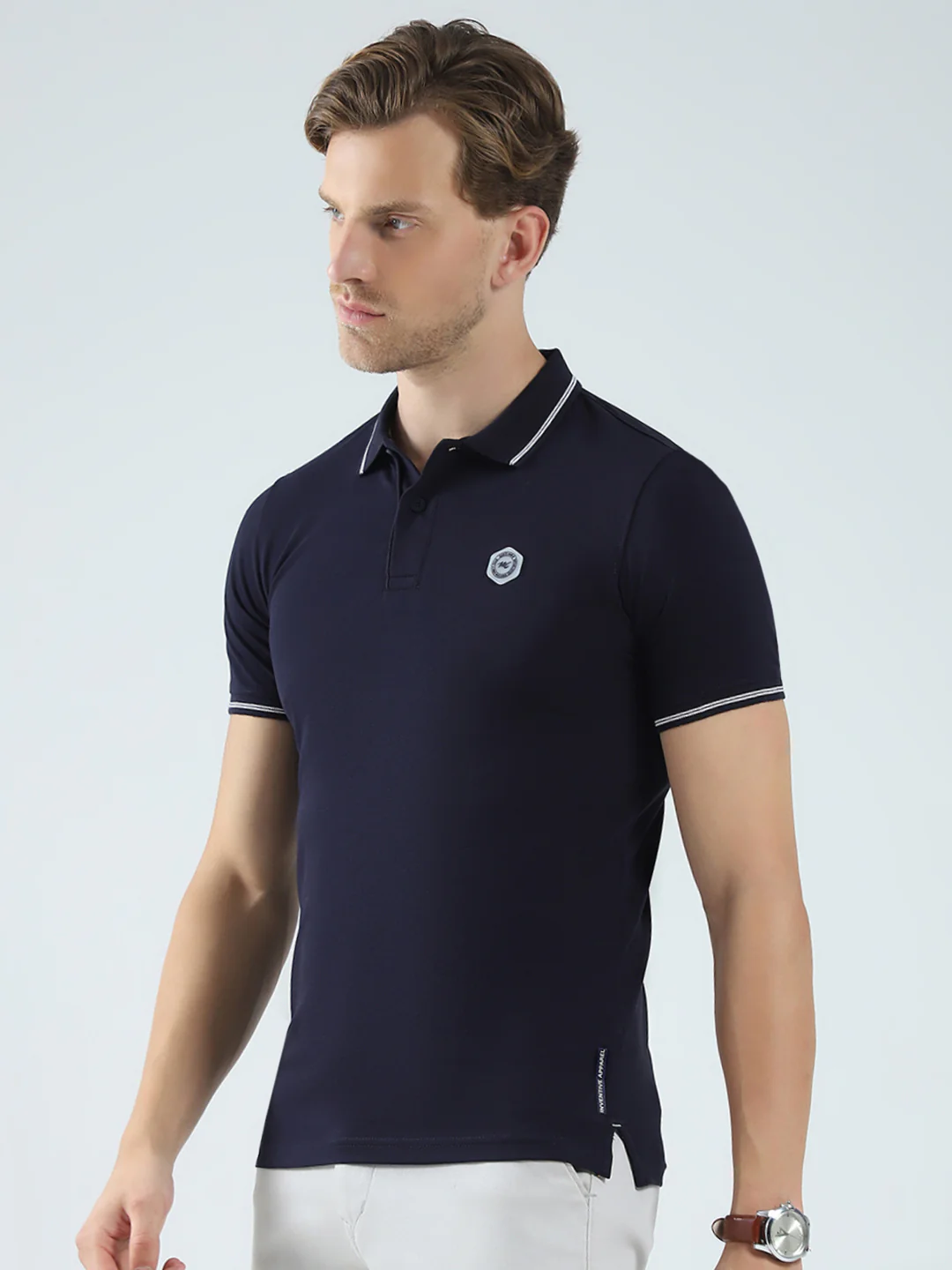 Men Navy Blue Solid Collar Half Sleeve T-Shirt - Image 3