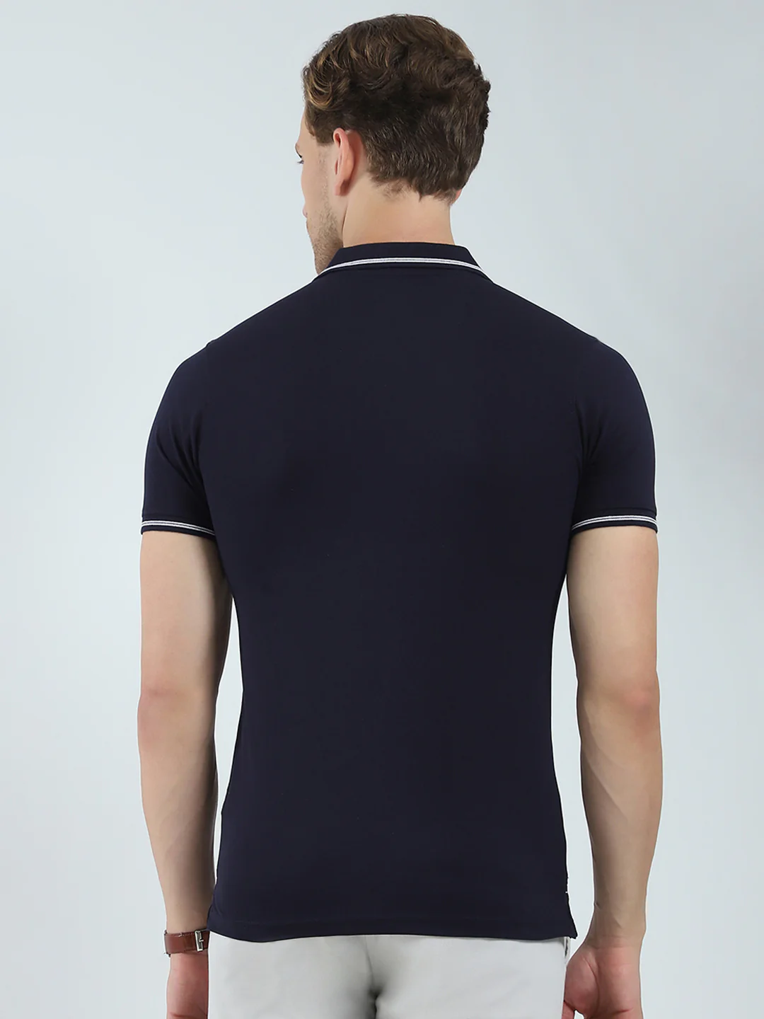 Men Navy Blue Solid Collar Half Sleeve T-Shirt - Image 5
