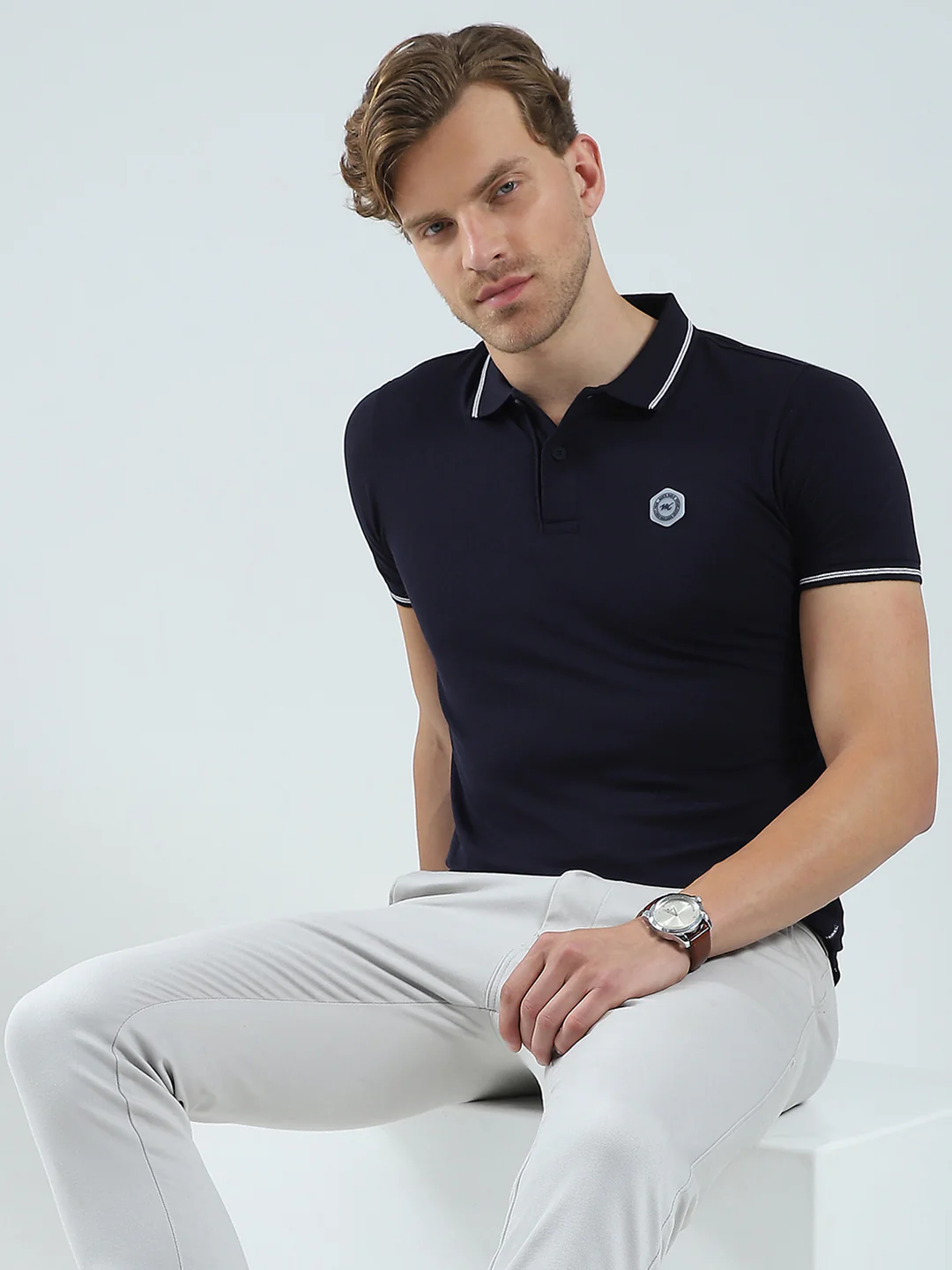 Men Navy Blue Solid Collar Half Sleeve T-Shirt - Image 6